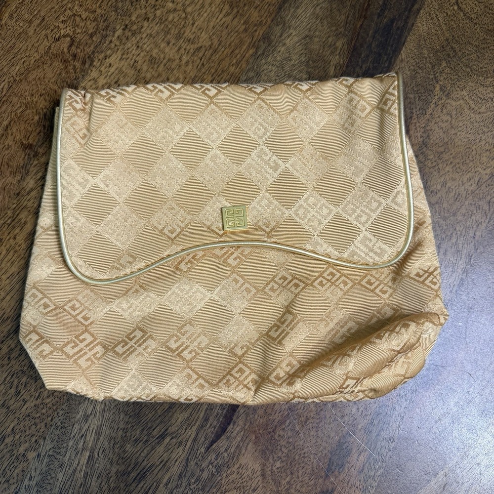Vintage Givenchy Monogram Organza Fragrance Gold Cosmetic Pouch Bag Gold Logo